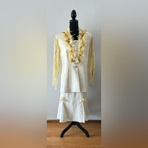 Louise Ricci 3pc Linen Skirt Suit w/Lace, Ribbon, Mesh and Beads, Size 14